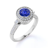 Vintage 0.58 Carat Round Navy Blue Sapphire and Bead Bright Diamond Engagement Ring in White Gold