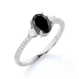 Freshwater Pearl 1.35 Carat Oval Lab Black Diamond and Shared Prong Engagement Ring in White Gold