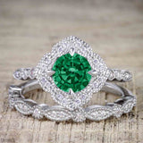 2.25 Carat Round Emerald and Moissanite Vintage Wedding Trio Ring Set in 18k White Gold over Silver