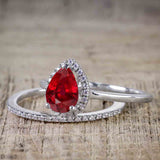 1.50 Carat Pear Shaped Ruby Wedding Ring Set - July Birthstone Ring - 18k White Gold over Silver
