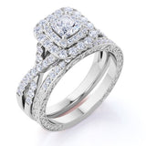 1.25 ct - Square Moissanite - Double Halo - Twisted Band - Vintage Inspired - Pave - Wedding Ring Set in 10K White Gold