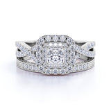 1.25 ct - Square Moissanite - Double Halo - Twisted Band - Vintage Inspired - Pave - Wedding Ring Set in 10K White Gold