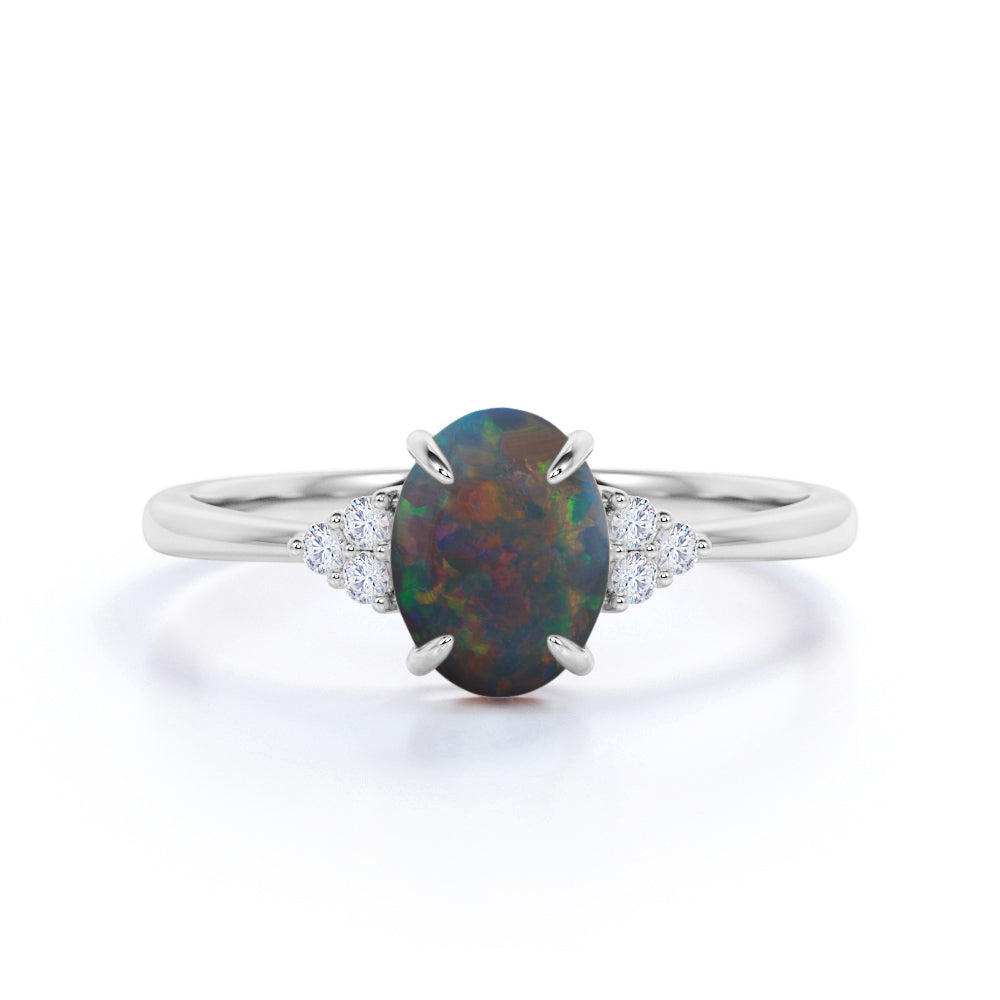 Minimal Solitaire 1.25 Carat Oval Cut Natural Black Opal and Diamond Cluster Engagement Ring in Rose Gold for Women