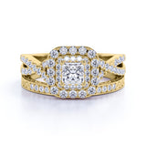 1.25 ct - Square Moissanite - Double Halo - Twisted Band - Vintage Inspired - Pave - Wedding Ring Set in 10K Yellow Gold