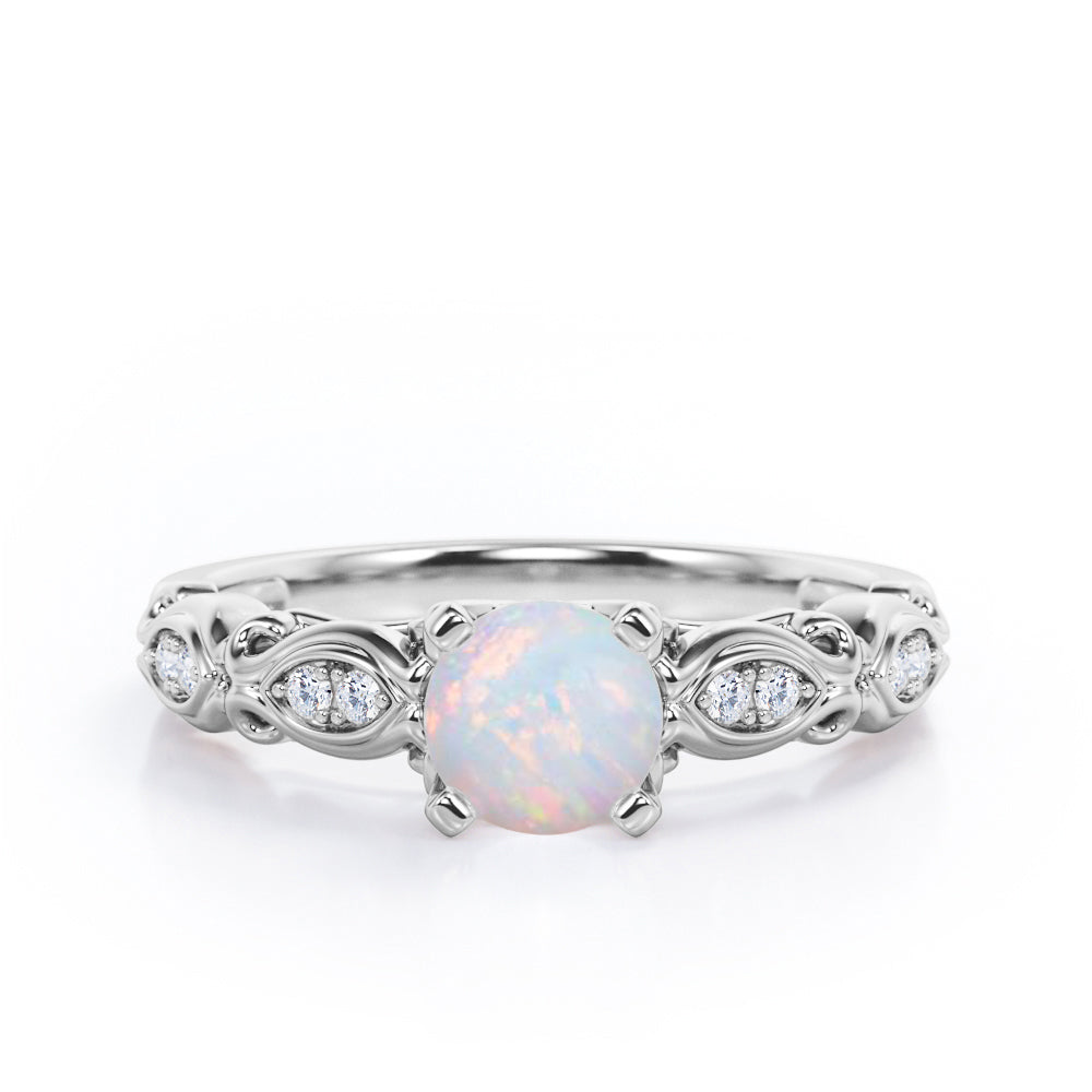 Decorative Basket Prong 0.5 carat Round Opal and Diamond Nature-Inspired Ring in Rose Gold