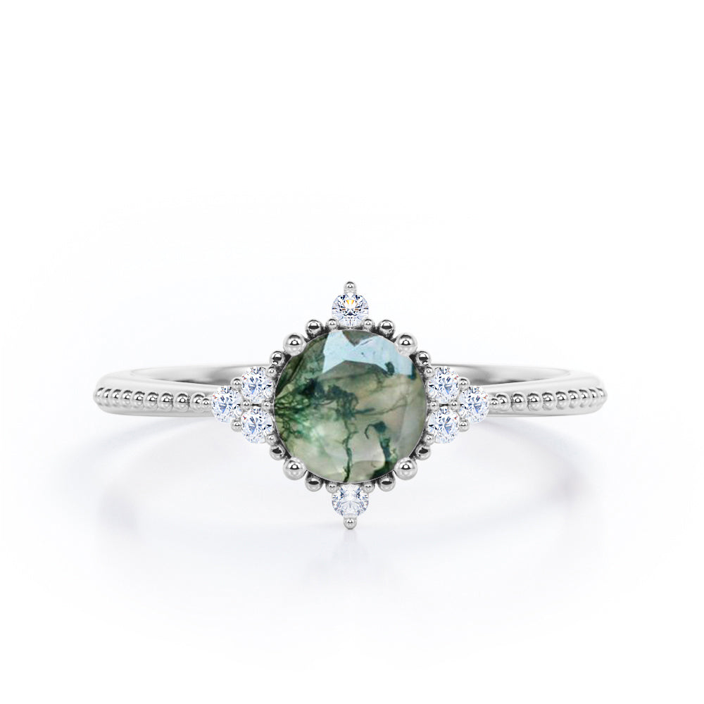 0.5 Carat Round Moss Agate Vintage Engagement Ring