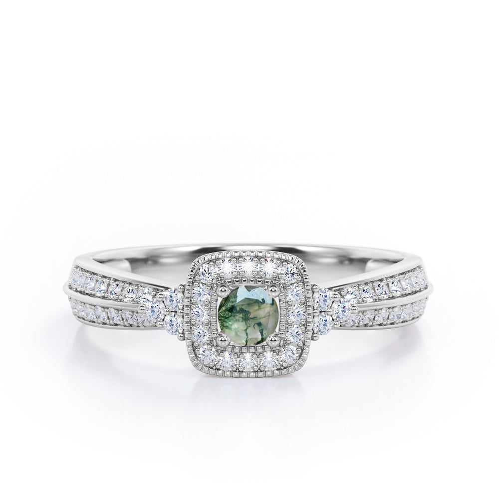 Double Pave Channel 1.5 Carat Round-Shaped Green Moss agate and diamond Halo Cluster Engagement Ring in Rose Gold