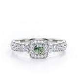 Double Pave Channel 1.5 Carat Round-Shaped Green Moss agate and diamond Halo Cluster Engagement Ring in Rose Gold