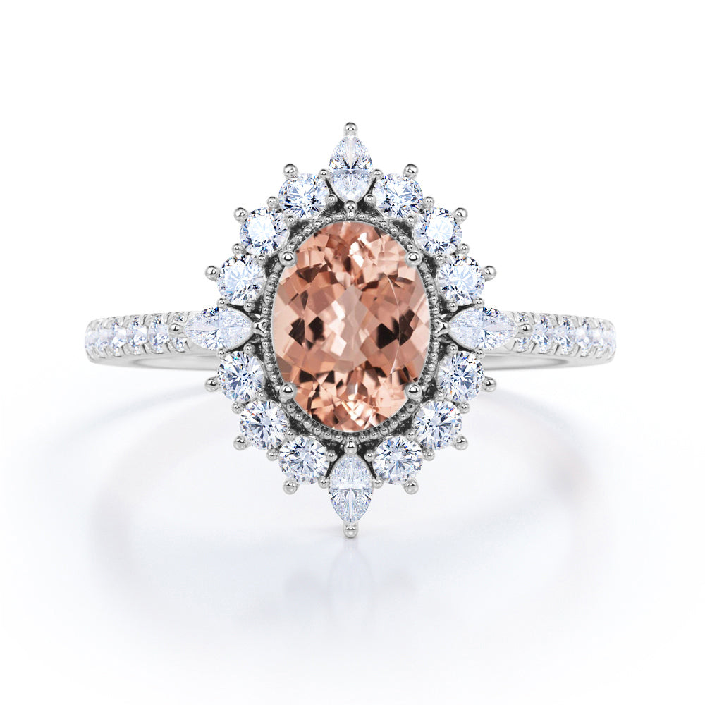 Massive Vintage Halo Natural 0.8 carat Oval Morganite and Moissanite Engagement Ring in Black Gold
