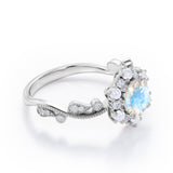Floral Halo 0.7 carat Round Moonstone and Diamond Engagement Ring in White Gold