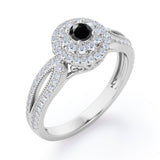 Double Halo Cluster 1.8 Carat Round-Shaped Black Diamond Split-Shaked Milgrain Pave Engagement Ring in White Gold