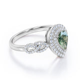 Double Halo 1.25 carat Pear Moss Agate and Moissanite Engagement Ring in White gold