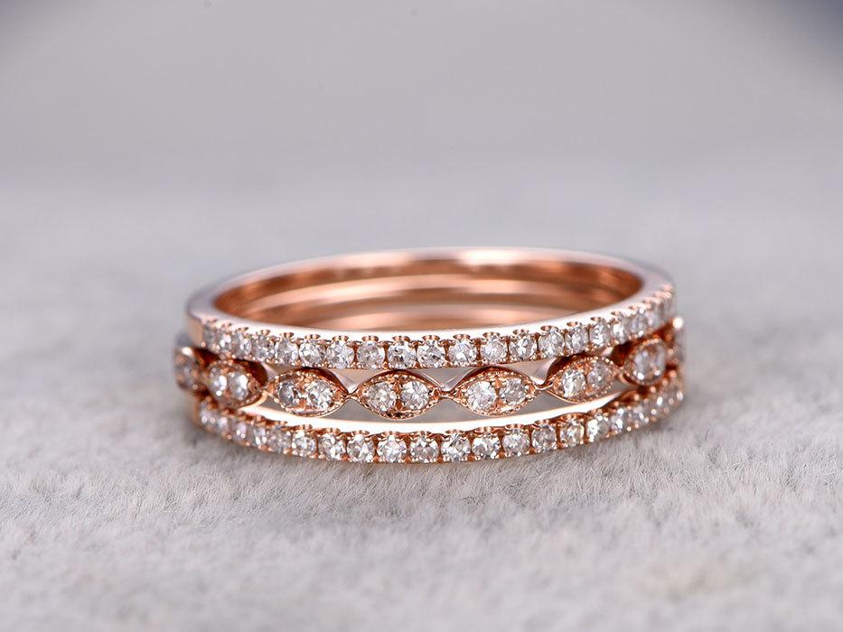 1 Carat Round cut Diamond Wedding Ring Bands Trio Set art deco in Rose Gold