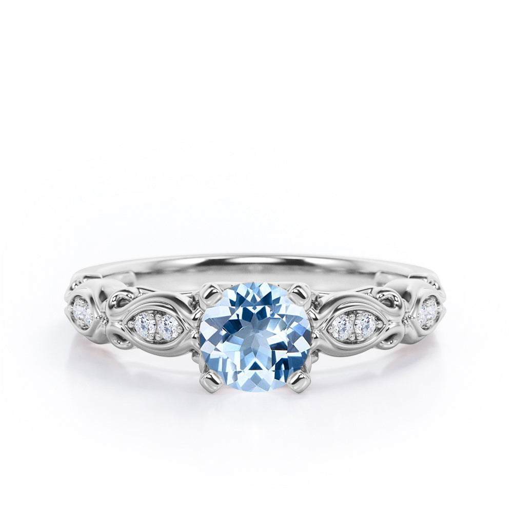 Decorative Basket Prong 0.5 carat Round Aquamarine and Diamond Nature-Inspired Ring in Rose Gold