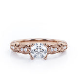 Decorative Basket Prong 0.5 carat Round Moissanite and Diamond Nature-Inspired Ring in Rose Gold
