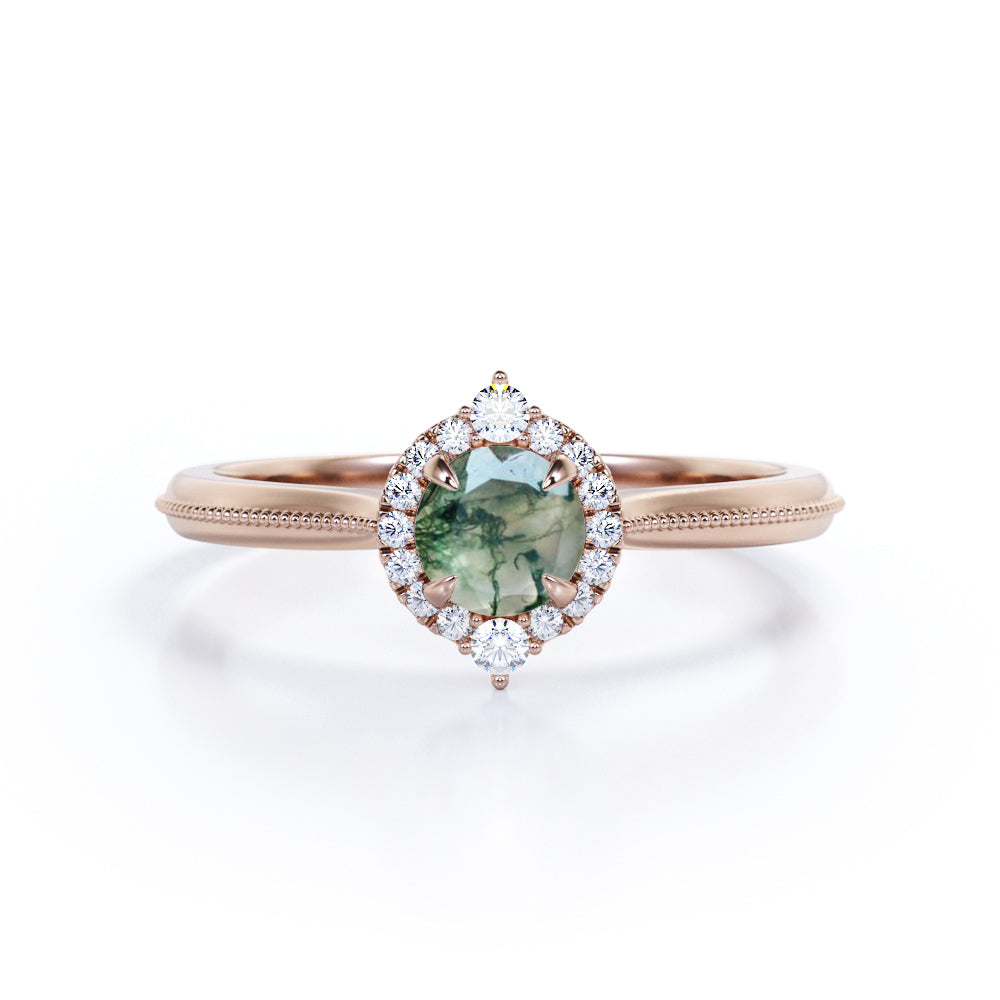 Vintage Halo 0.8 carat Round Moss Agate and Moissanite Anniversary Ring For Her in White Gold