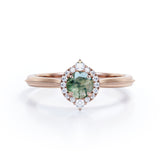 Vintage Halo 0.8 carat Round Moss Agate and Moissanite Anniversary Ring For Her in White Gold