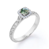 Antique Square Halo 0.6 carat Round Moss Agate and Moissanite Engagement Ring in White Gold