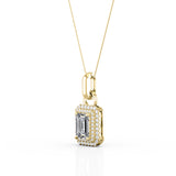 Flawless 4 Prong 1.50 Carat Emerald Cut Certified Moissanite and Diamond Frame Encrusted Pendant Necklace in White Gold