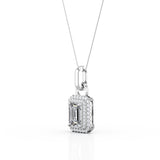 Flawless 4 Prong 1.50 Carat Emerald Cut Certified Moissanite and Diamond Frame Encrusted Pendant Necklace in White Gold