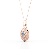 Milgrain Bezel Setting 0.60 Carat Round Certified Moissanite and Diamond Art Deco Outline Pendant Necklace in Rose Gold