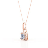 Solitaire Double Prong 1.10 Carat Princess Certified Moissanite and Diamond Halo Micro Pave Pendant Necklace in White Gold