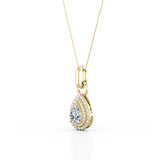 Single Solitaire 1.5 Carat Pear Shape Moissanite and Diamond Double Halo Micro Pave Pendant Necklace in Yellow Gold