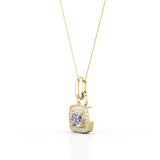 Single Bail Half Bezel 1.1 Carat Cushion Cut Certified Moissanite and Diamond Surface Prong Pendant Necklace in Yellow Gold