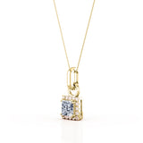 Solitaire Double Prong 1.10 Carat Princess Certified Moissanite and Diamond Halo Micro Pave Pendant Necklace in White Gold