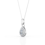 Single Solitaire 1.5 Carat Pear Shape Moissanite and Diamond Double Halo Micro Pave Pendant Necklace in Yellow Gold