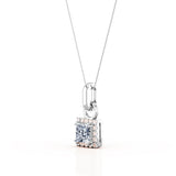 Solitaire Double Prong 1.10 Carat Princess Certified Moissanite and Diamond Halo Micro Pave Pendant Necklace in White Gold