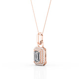 Flawless 4 Prong 1.50 Carat Emerald Cut Certified Moissanite and Diamond Frame Encrusted Pendant Necklace in White Gold