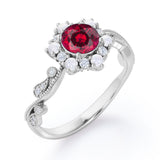 Floral Halo 0.7 carat Round Lab-Created Ruby and Diamond Engagement Ring in White Gold