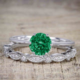 Artdeco 1.50 Carat Round cut Emerald and Moissanite Trio Wedding Ring Set 18k White Gold over Silver