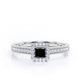 Halo Design 1.25 Carat Princess Cut Black Diamond Milgrain-Bordered Pave-Channel Engagement Ring in White Gold