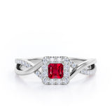 1.25 ct Princess Lab-Created Ruby Pave Halo Engagement Ring