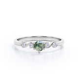 Gorgeous Scroll 0.5 carat Round Moss agate and Moissanite Engagement Ring in White Gold