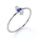 Minimal Baguette Shape Vivid Blue Sapphire and 3 Stone Diamond Engagement Ring in White Gold