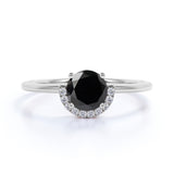 Unique 1.15 Carat Round Lab Black Diamond and Curved Engagement Ring in White Gold