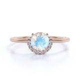 Unique 1.15 Carat Round Blue Flash Moonstone and Diamond Curved Engagement Ring in Rose Gold