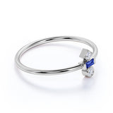 Minimal Baguette Shape Vivid Blue Sapphire and 3 Stone Diamond Engagement Ring in White Gold