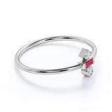 Minimal Baguette Shape Lab Ruby and 3 Stone Diamond Engagement Ring in White Gold