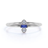 Minimal Baguette Shape Vivid Blue Sapphire and 3 Stone Diamond Engagement Ring in White Gold