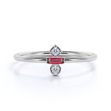 Minimal Baguette Shape Lab Ruby and 3 Stone Diamond Engagement Ring in White Gold