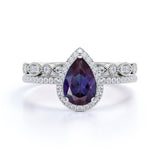 Halo 1.75 Ct Pear Lab Alexandrite Pave Bridal Set
