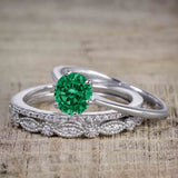Artdeco 1.50 Carat Round cut Emerald and Moissanite Trio Wedding Ring Set 18k White Gold over Silver