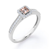 Halo Design 1.25 Carat Princess Cut Morganite and diamond Milgrain-Bordered Pave-Channel Engagement Ring in White Gold
