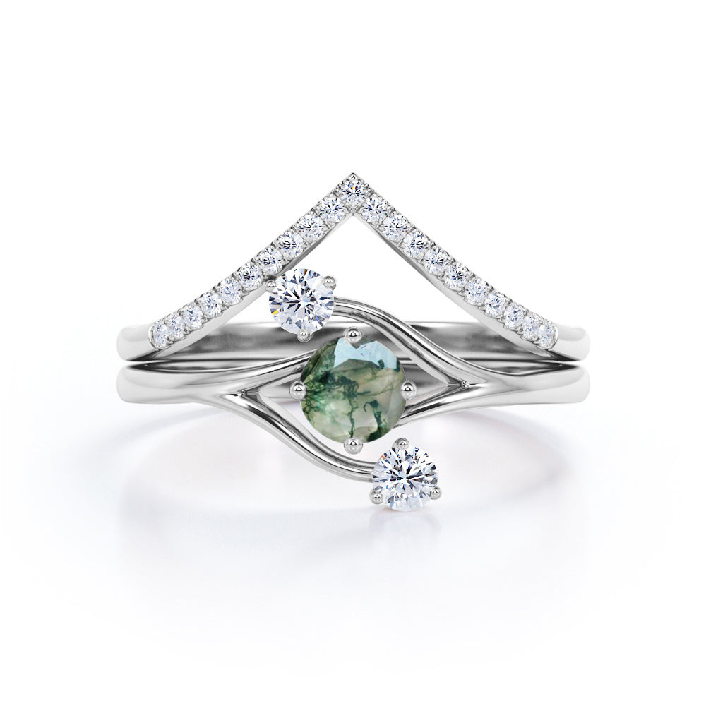 Three Stone Ring Twig-Inspired with 0.7 carat Round Moss Agate and Moissanite Wedding Ring Set in Rose Gold