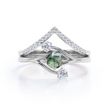 Three Stone Ring Twig-Inspired with 0.7 carat Round Moss Agate and Moissanite Wedding Ring Set in Rose Gold