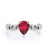 Vintage Style Scroll 0.5 carat Pear Lab Ruby and Diamond Engagement Ring in Rose Gold